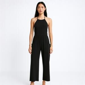 Oak + Fort Women's Black Sleeveless Halter Wide Leg Pockets Romper Jumpsuit Sz L